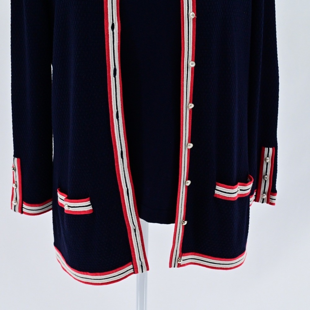 Talbots Preppy Navy Blue Red White Striped Trim Cardigan Shell Twin Set Luxe - Picture 12 of 16